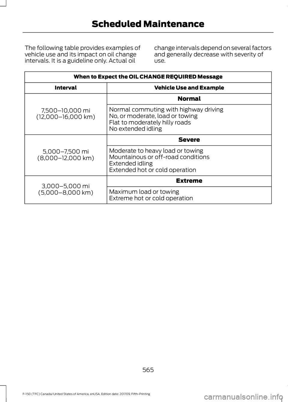 FORD F-150 2018  Owners Manual The following table provides examples of
vehicle use and its impact on oil change
intervals. It is a guideline only. Actual oil
change intervals depend on several factors
and generally decrease with s