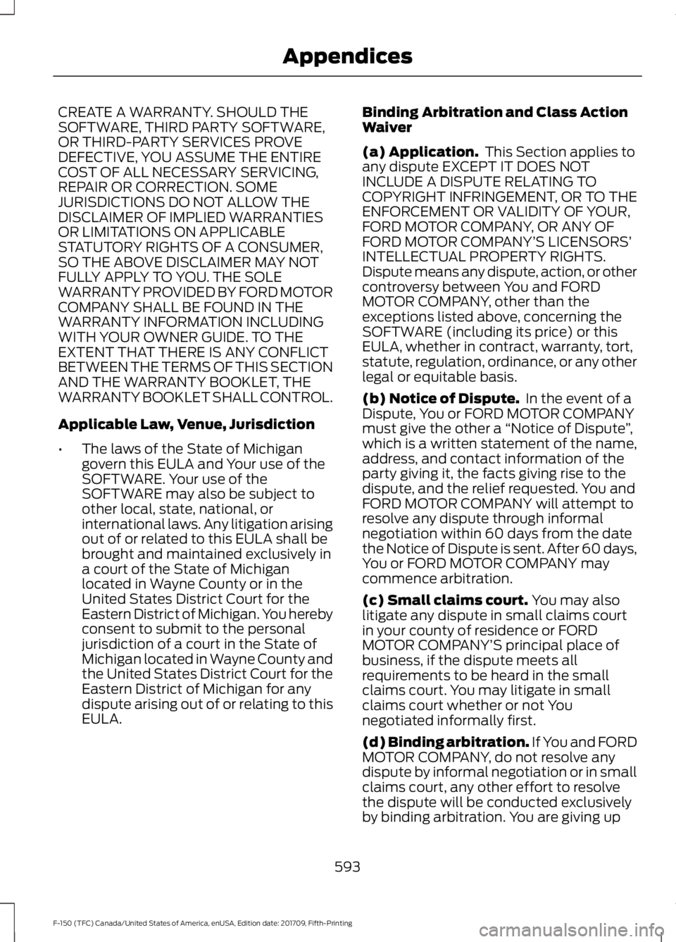 FORD F-150 2018 Owners Manual CREATE A WARRANTY. SHOULD THE
SOFTWARE, THIRD PARTY SOFTWARE,
OR THIRD-PARTY SERVICES PROVE
DEFECTIVE, YOU ASSUME THE ENTIRE
COST OF ALL NECESSARY SERVICING,
REPAIR OR CORRECTION. SOME
JURISDICTIONS D FORD F-150 2018 Owners Manual CREATE A WARRANTY. SHOULD THE
SOFTWARE, THIRD PARTY SOFTWARE,
OR THIRD-PARTY SERVICES PROVE
DEFECTIVE, YOU ASSUME THE ENTIRE
COST OF ALL NECESSARY SERVICING,
REPAIR OR CORRECTION. SOME
JURISDICTIONS D