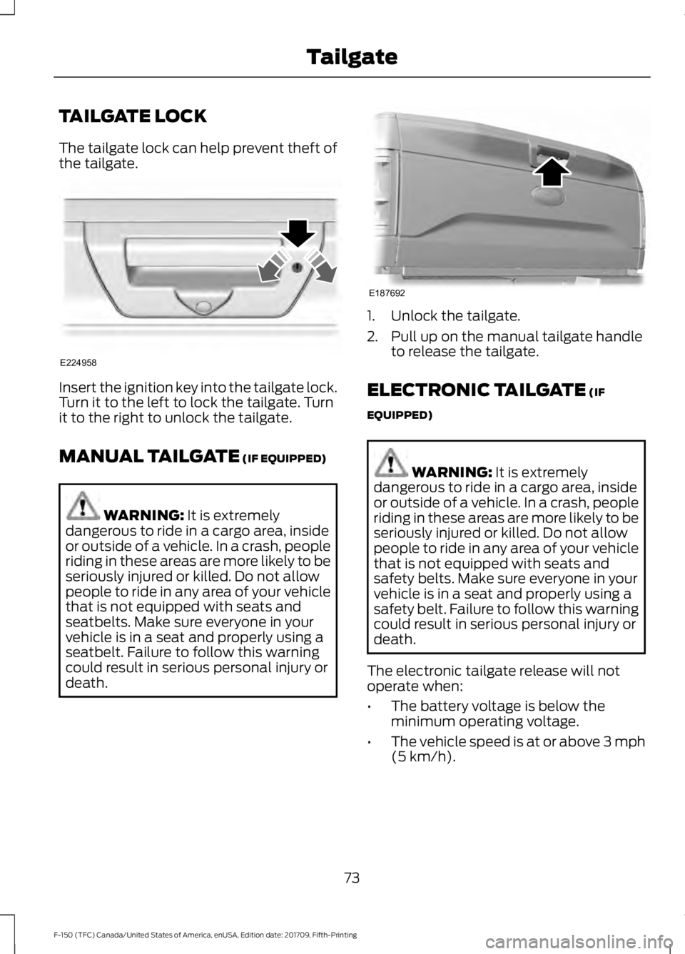 FORD F-150 2018 Owners Manual TAILGATE LOCK
The tailgate lock can help prevent theft of
the tailgate.
Insert the ignition key into the tailgate lock.
Turn it to the left to lock the tailgate. Turn
it to the right to unlock the tai FORD F-150 2018 Owners Manual TAILGATE LOCK
The tailgate lock can help prevent theft of
the tailgate.
Insert the ignition key into the tailgate lock.
Turn it to the left to lock the tailgate. Turn
it to the right to unlock the tai