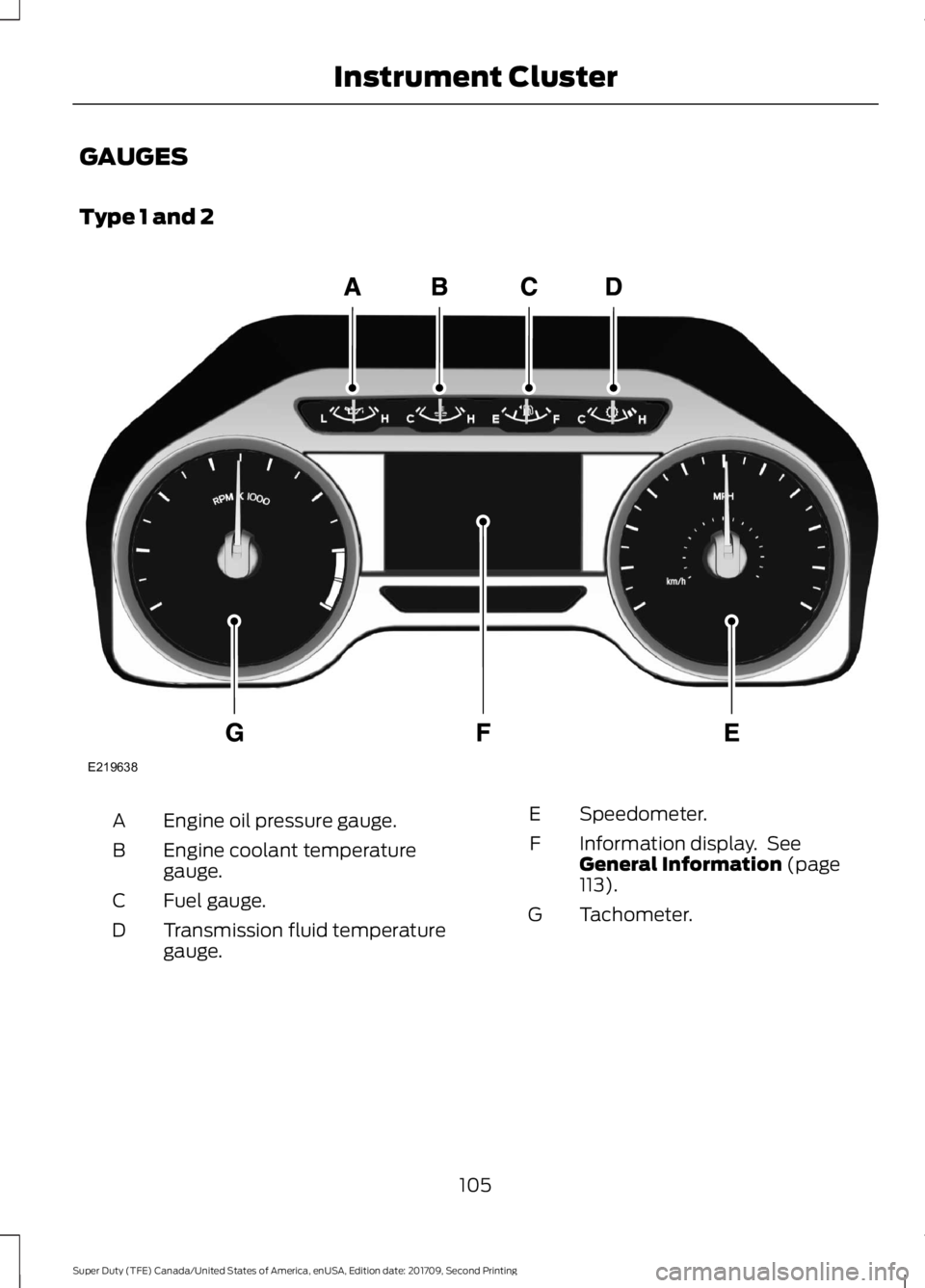 FORD F-350 2018  Owners Manual GAUGES
Type 1 and 2
Engine oil pressure gauge.
A
Engine coolant temperature
gauge.
B
Fuel gauge.
C
Transmission fluid temperature
gauge.
D Speedometer.
E
Information display.  See
General Information 