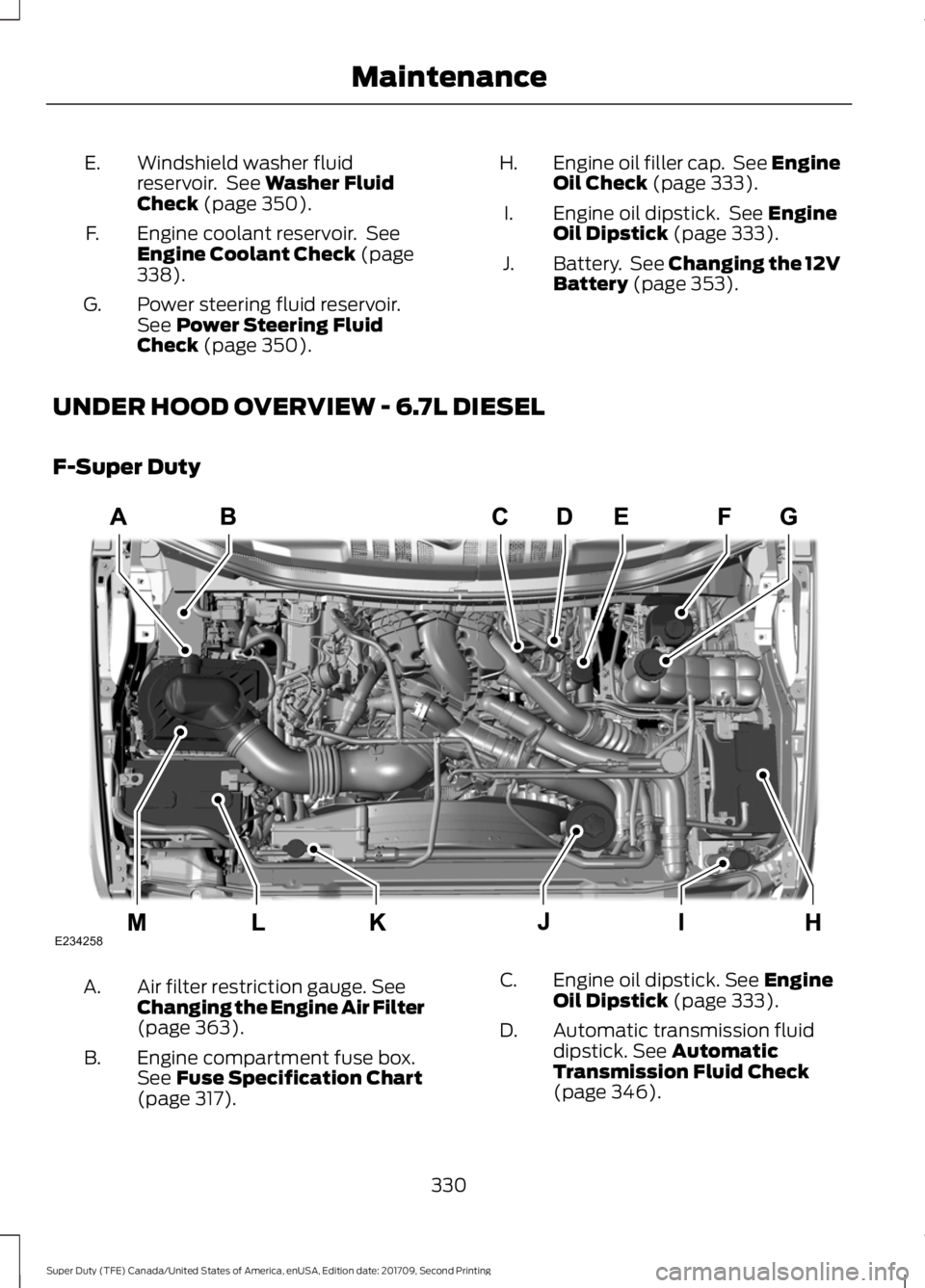 FORD F-350 2018  Owners Manual Windshield washer fluid
reservoir.  See Washer Fluid
Check (page 350).
E.
Engine coolant reservoir.  See
Engine Coolant Check
 (page
338).
F.
Power steering fluid reservoir.
See 
Power Steering Fluid
