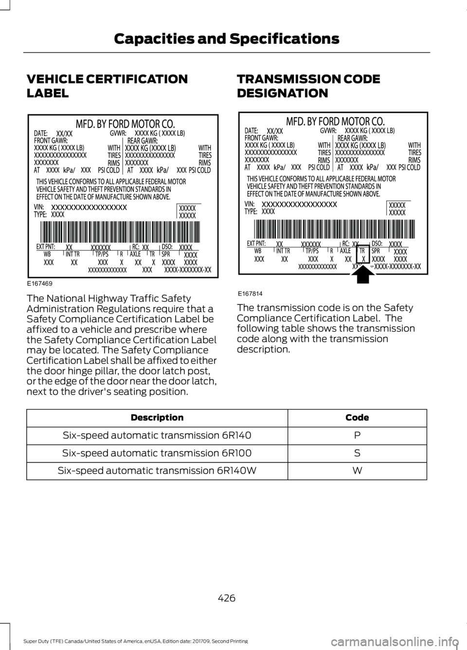 FORD F-350 2018  Owners Manual VEHICLE CERTIFICATION
LABEL
The National Highway Traffic Safety
Administration Regulations require that a
Safety Compliance Certification Label be
affixed to a vehicle and prescribe where
the Safety C
