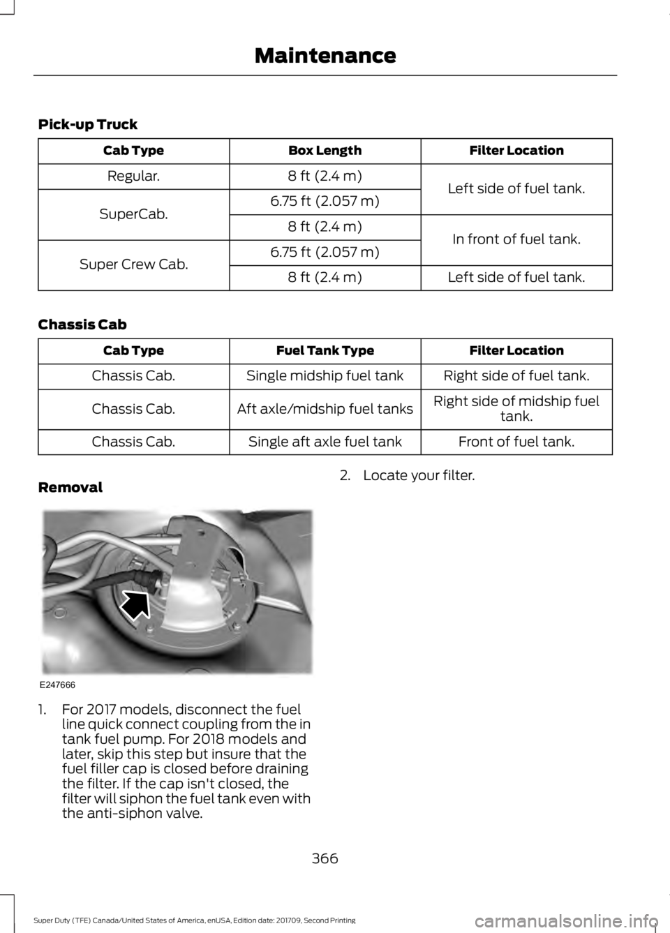 FORD F-550 2018  Owners Manual Pick-up Truck
Filter Location
Box Length
Cab Type
Left side of fuel tank.
8 ft (2.4 m)
Regular.
6.75 ft (2.057 m)
SuperCab.
In front of fuel tank.
8 ft (2.4 m)
6.75 ft (2.057 m)
Super Crew Cab.
Left s