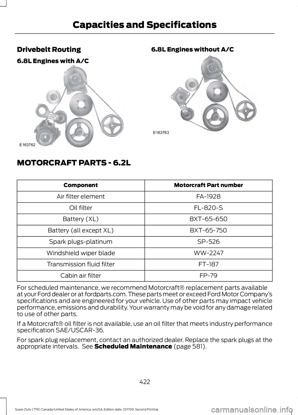 FORD F-550 2018  Owners Manual Drivebelt Routing
6.8L Engines with A/C 6.8L Engines without A/C
MOTORCRAFT PARTS - 6.2L
Motorcraft Part number
Component
FA-1928
Air filter element
FL-820-S
Oil filter
BXT-65-650
Battery (XL)
BXT-65-