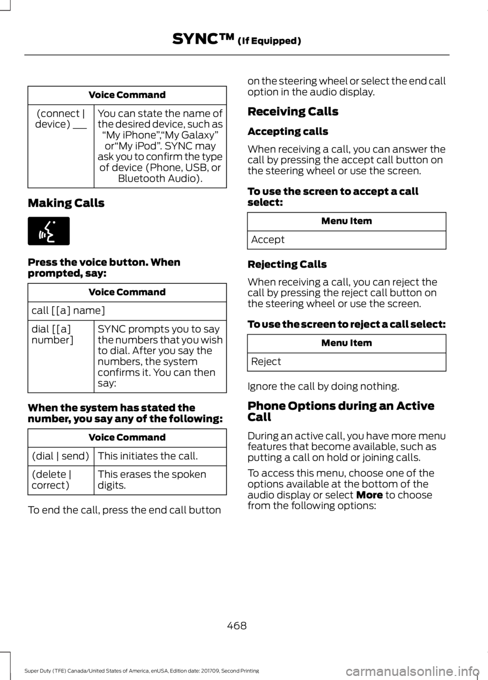 FORD F-550 2018  Owners Manual Voice Command
You can state the name of
the desired device, such as“My iPhone ”,“My Galaxy ”
or “My iPod ”. SYNC may
ask you to confirm the type of device (Phone, USB, or Bluetooth Audio).