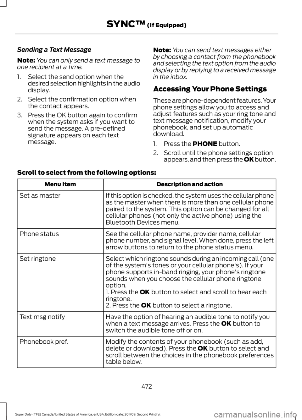 FORD F-550 2018  Owners Manual Sending a Text Message
Note:
You can only send a text message to
one recipient at a time.
1. Select the send option when the desired selection highlights in the audio
display.
2. Select the confirmati