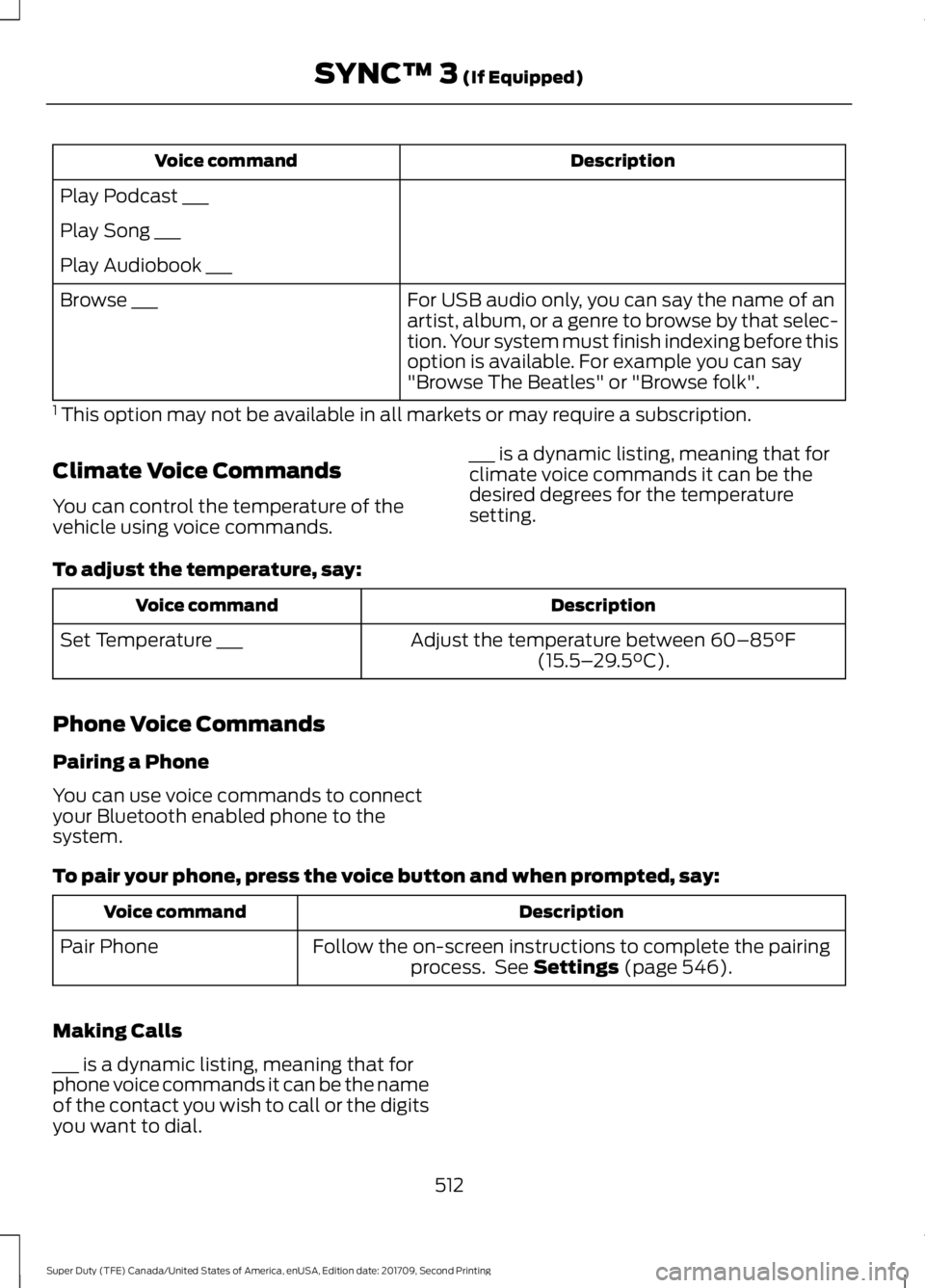 FORD F-550 2018  Owners Manual Description
Voice command
Play Podcast ___
Play Song ___
Play Audiobook ___ For USB audio only, you can say the name of an
artist, album, or a genre to browse by that selec-
tion. Your system must fin