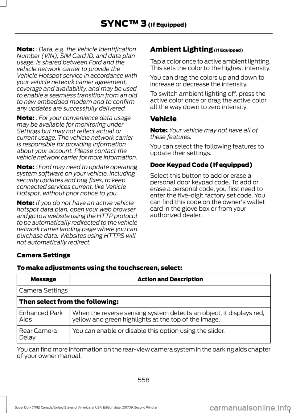 FORD F-550 2018  Owners Manual Note:
: Data, e.g. the Vehicle Identification
Number (VIN), SIM Card ID, and data plan
usage, is shared between Ford and the
vehicle network carrier to provide the
Vehicle Hotspot service in accordanc