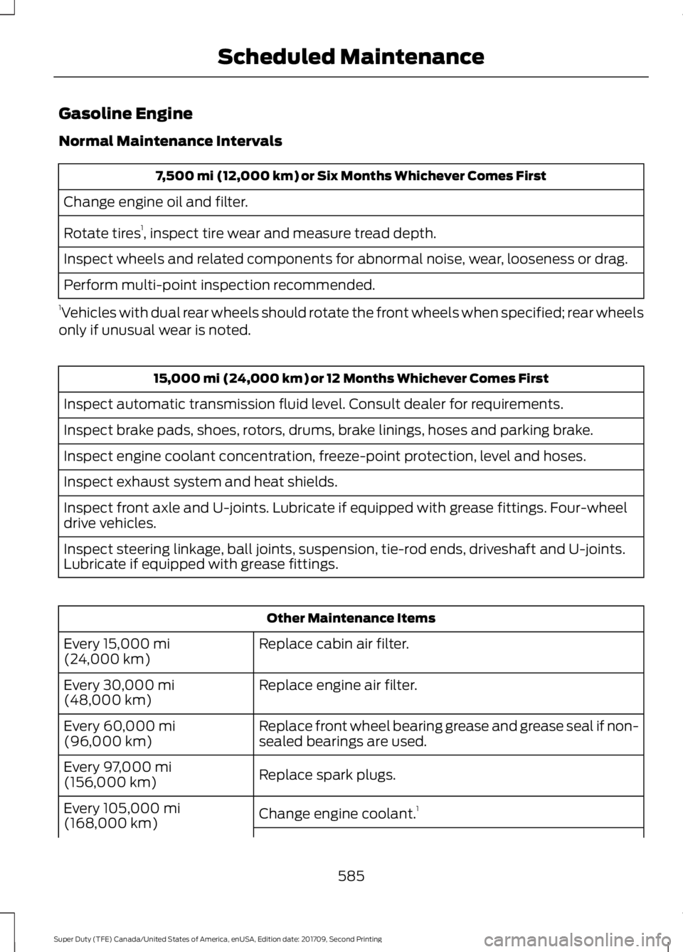 FORD F-550 2018  Owners Manual Gasoline Engine
Normal Maintenance Intervals
7,500 mi (12,000 km) or Six Months Whichever Comes First
Change engine oil and filter.
Rotate tires 1
, inspect tire wear and measure tread depth.
Inspect 