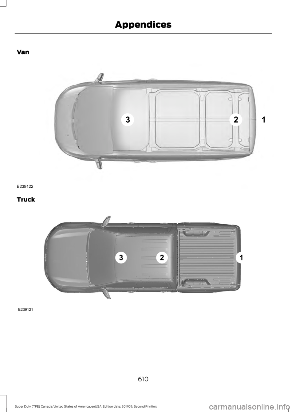 FORD F-550 2018  Owners Manual Van
Truck
610
Super Duty (TFE) Canada/United States of America, enUSA, Edition date: 201709, Second Printing AppendicesE239122 E239121  