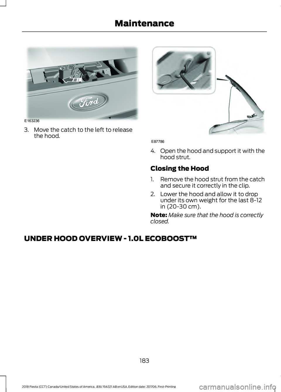 FORD FIESTA 2018  Owners Manual 3. Move the catch to the left to release
the hood. 4.
Open the hood and support it with the
hood strut.
Closing the Hood
1. Remove the hood strut from the catch
and secure it correctly in the clip.
2.