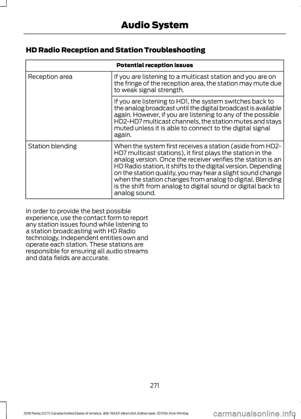 FORD FIESTA 2018 Owners Manual HD Radio Reception and Station Troubleshooting
Potential reception issues
If you are listening to a multicast station and you are on
the fringe of the reception area, the station may mute due
to weak FORD FIESTA 2018 Owners Manual HD Radio Reception and Station Troubleshooting
Potential reception issues
If you are listening to a multicast station and you are on
the fringe of the reception area, the station may mute due
to weak