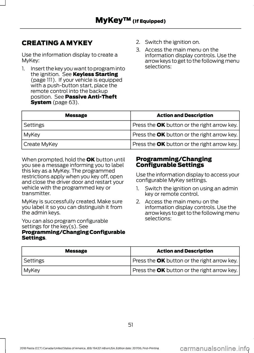 FORD FIESTA 2018 Owners Manual CREATING A MYKEY
Use the information display to create a
MyKey:
1.
Insert the key you want to program into
the ignition. See Keyless Starting
(page 111). If your vehicle is equipped
with a push-butt FORD FIESTA 2018 Owners Manual CREATING A MYKEY
Use the information display to create a
MyKey:
1.
Insert the key you want to program into
the ignition. See Keyless Starting
(page 111). If your vehicle is equipped
with a push-butt