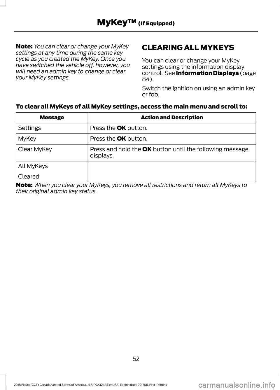 FORD FIESTA 2018  Owners Manual Note:
You can clear or change your MyKey
settings at any time during the same key
cycle as you created the MyKey. Once you
have switched the vehicle off, however, you
will need an admin key to change 