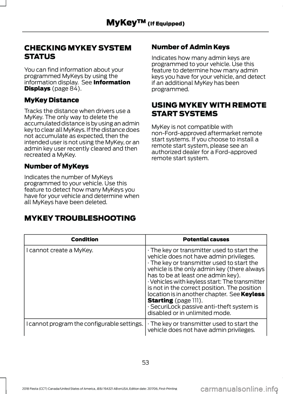 FORD FIESTA 2018 Owners Manual CHECKING MYKEY SYSTEM
STATUS
You can find information about your
programmed MyKeys by using the
information display. See Information
Displays (page 84).
MyKey Distance
Tracks the distance when driver FORD FIESTA 2018 Owners Manual CHECKING MYKEY SYSTEM
STATUS
You can find information about your
programmed MyKeys by using the
information display. See Information
Displays (page 84).
MyKey Distance
Tracks the distance when driver