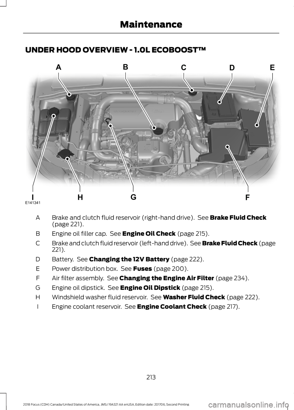 FORD FOCUS 2018  Owners Manual UNDER HOOD OVERVIEW - 1.0L ECOBOOST™
Brake and clutch fluid reservoir (right-hand drive). See Brake Fluid Check(page 221).A
Engine oil filler cap. See Engine Oil Check (page 215).B
Brake and clutch 