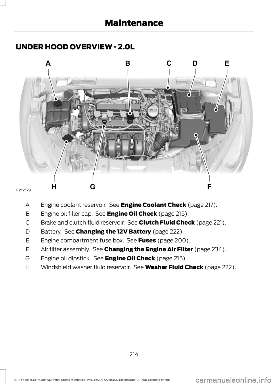 FORD FOCUS 2018  Owners Manual UNDER HOOD OVERVIEW - 2.0L
Engine coolant reservoir. See Engine Coolant Check (page 217).A
Engine oil filler cap. See Engine Oil Check (page 215).B
Brake and clutch fluid reservoir. See Clutch Fluid C