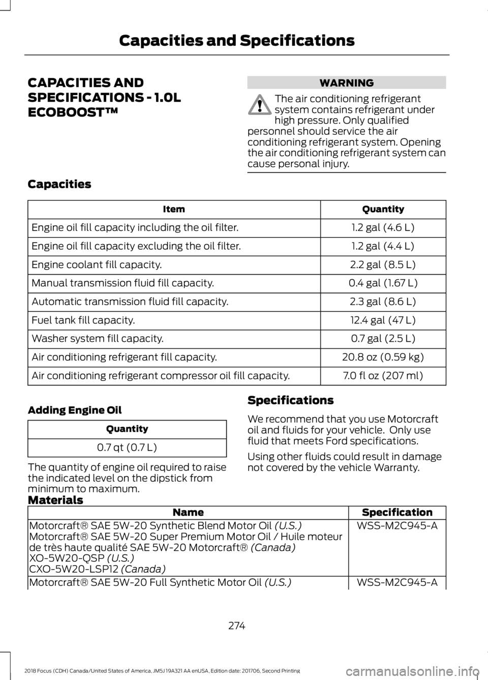 FORD FOCUS 2018 Owners Manual CAPACITIES AND
SPECIFICATIONS - 1.0L
ECOBOOST™
WARNING
The air conditioning refrigerantsystem contains refrigerant underhigh pressure. Only qualifiedpersonnel should service the airconditioning refr FORD FOCUS 2018 Owners Manual CAPACITIES AND
SPECIFICATIONS - 1.0L
ECOBOOST™
WARNING
The air conditioning refrigerantsystem contains refrigerant underhigh pressure. Only qualifiedpersonnel should service the airconditioning refr