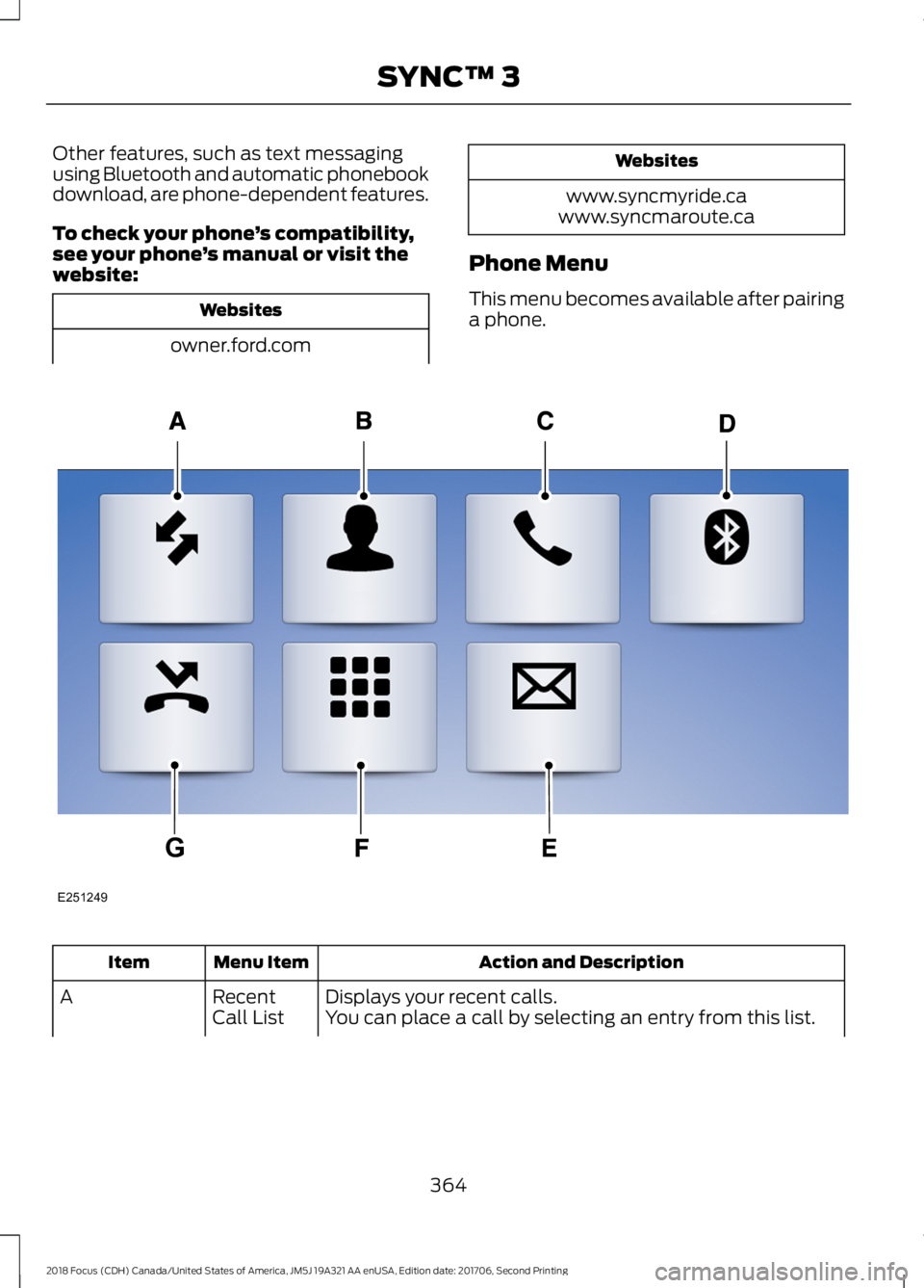FORD FOCUS 2018  Owners Manual Other features, such as text messagingusing Bluetooth and automatic phonebookdownload, are phone-dependent features.
To check your phone’s compatibility,see your phone’s manual or visit thewebsite