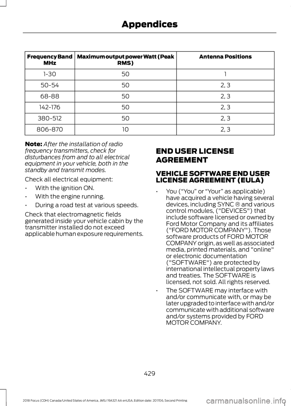 FORD FOCUS 2018 Owners Manual Antenna PositionsMaximum output power Watt (PeakRMS)Frequency BandMHz
1501-30
2, 35050-54
2, 35068-88
2, 350142-176
2, 350380-512
2, 310806-870
Note:After the installation of radiofrequency transmitte FORD FOCUS 2018 Owners Manual Antenna PositionsMaximum output power Watt (PeakRMS)Frequency BandMHz
1501-30
2, 35050-54
2, 35068-88
2, 350142-176
2, 350380-512
2, 310806-870
Note:After the installation of radiofrequency transmitte