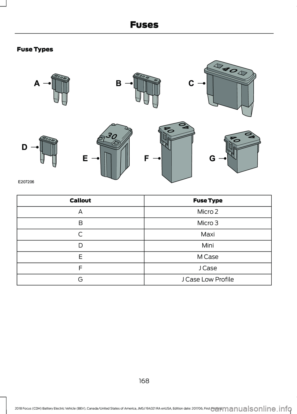 FORD FOCUS ELECTRIC 2018  Owners Manual Fuse Types
Fuse Type
Callout
Micro 2
A
Micro 3
B
Maxi
C
Mini
D
M Case
E
J Case
F
J Case Low Profile
G
168
2018 Focus (CDH) Battery Electric Vehicle (BEV), Canada/United States of America, JM5J 19A321 