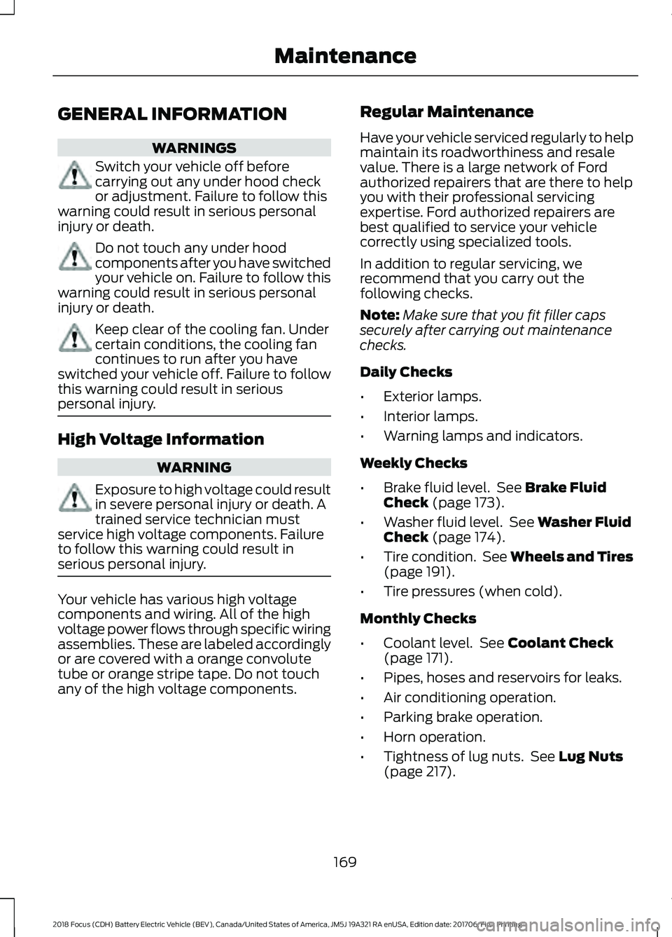 FORD FOCUS ELECTRIC 2018 Owners Manual GENERAL INFORMATION
WARNINGS
Switch your vehicle off before
carrying out any under hood check
or adjustment. Failure to follow this
warning could result in serious personal
injury or death. Do not tou FORD FOCUS ELECTRIC 2018 Owners Manual GENERAL INFORMATION
WARNINGS
Switch your vehicle off before
carrying out any under hood check
or adjustment. Failure to follow this
warning could result in serious personal
injury or death. Do not tou