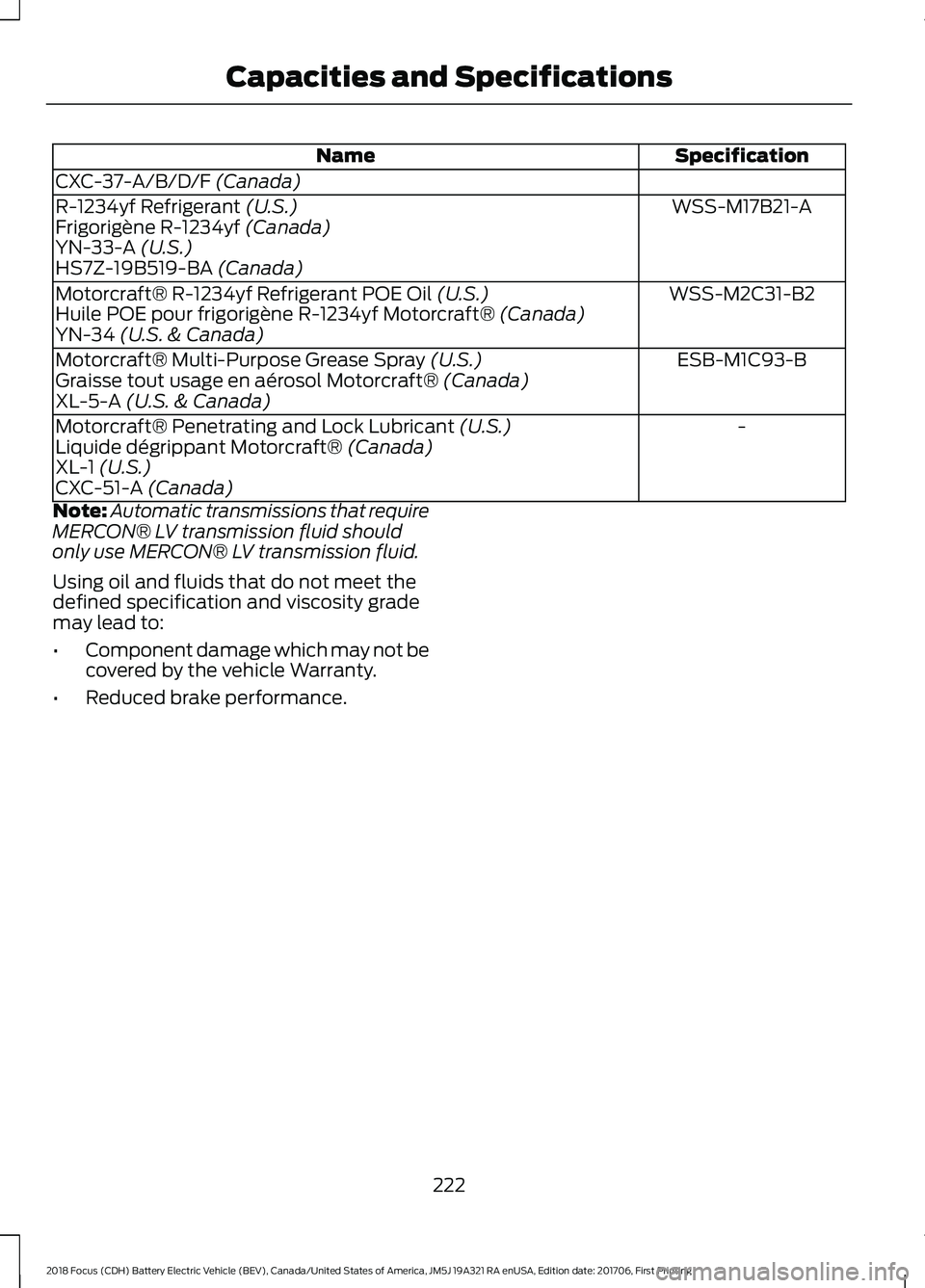 FORD FOCUS ELECTRIC 2018 Owners Manual Specification
Name
CXC-37-A/B/D/F (Canada) WSS-M17B21-A
R-1234yf Refrigerant
(U.S.)
Frigorigène R-1234yf (Canada)
YN-33-A (U.S.)
HS7Z-19B519-BA (Canada)
WSS-M2C31-B2
Motorcraft® R-1234yf Refrigeran FORD FOCUS ELECTRIC 2018 Owners Manual Specification
Name
CXC-37-A/B/D/F (Canada) WSS-M17B21-A
R-1234yf Refrigerant
(U.S.)
Frigorigène R-1234yf (Canada)
YN-33-A (U.S.)
HS7Z-19B519-BA (Canada)
WSS-M2C31-B2
Motorcraft® R-1234yf Refrigeran