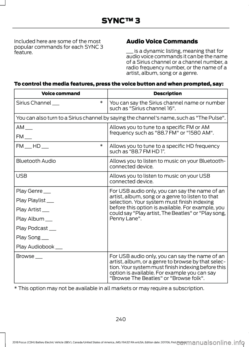 FORD FOCUS ELECTRIC 2018 Owners Manual Included here are some of the most
popular commands for each SYNC 3
feature.
Audio Voice Commands
___ is a dynamic listing, meaning that for
audio voice commands it can be the name
of a Sirius channel FORD FOCUS ELECTRIC 2018 Owners Manual Included here are some of the most
popular commands for each SYNC 3
feature.
Audio Voice Commands
___ is a dynamic listing, meaning that for
audio voice commands it can be the name
of a Sirius channel
