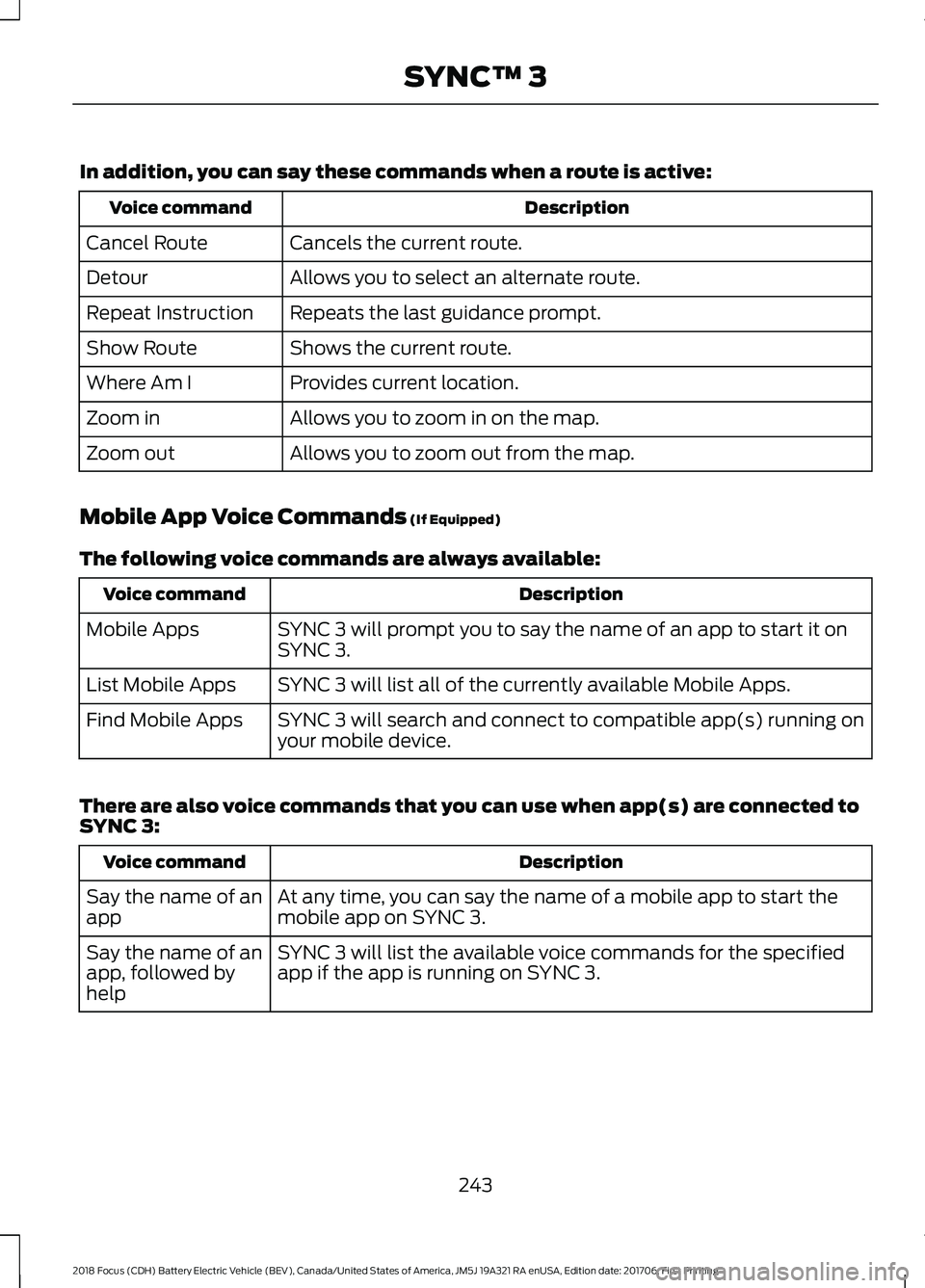 FORD FOCUS ELECTRIC 2018 Owners Manual In addition, you can say these commands when a route is active:
Description
Voice command
Cancels the current route.
Cancel Route
Allows you to select an alternate route.
Detour
Repeats the last guida FORD FOCUS ELECTRIC 2018 Owners Manual In addition, you can say these commands when a route is active:
Description
Voice command
Cancels the current route.
Cancel Route
Allows you to select an alternate route.
Detour
Repeats the last guida