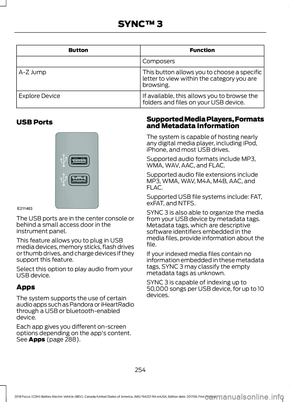 FORD FOCUS ELECTRIC 2018 Owners Manual Function
Button
Composers
This button allows you to choose a specific
letter to view within the category you are
browsing.
A-Z Jump
If available, this allows you to browse the
folders and files on you FORD FOCUS ELECTRIC 2018 Owners Manual Function
Button
Composers
This button allows you to choose a specific
letter to view within the category you are
browsing.
A-Z Jump
If available, this allows you to browse the
folders and files on you