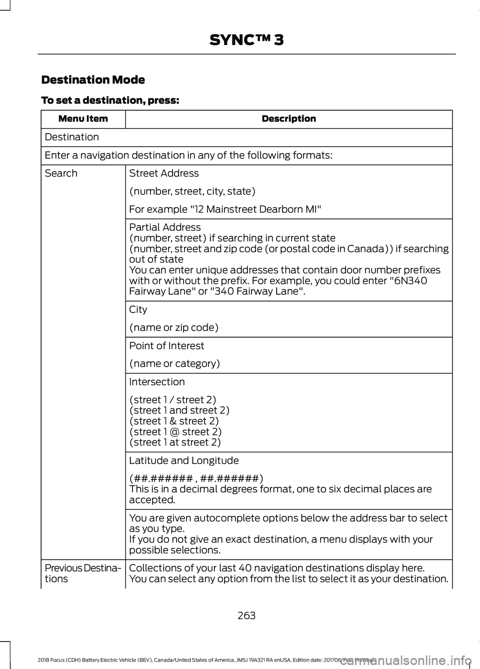 FORD FOCUS ELECTRIC 2018 Owners Manual Destination Mode
To set a destination, press:
Description
Menu Item
Destination
Enter a navigation destination in any of the following formats: Street Address
Search
(number, street, city, state)
For FORD FOCUS ELECTRIC 2018 Owners Manual Destination Mode
To set a destination, press:
Description
Menu Item
Destination
Enter a navigation destination in any of the following formats: Street Address
Search
(number, street, city, state)
For