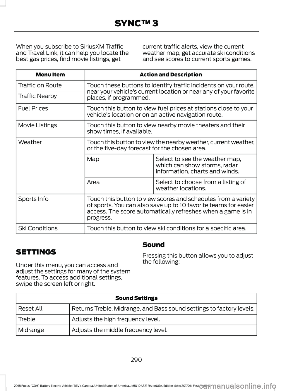 FORD FOCUS ELECTRIC 2018 Owners Manual When you subscribe to SiriusXM Traffic
and Travel Link, it can help you locate the
best gas prices, find movie listings, get
current traffic alerts, view the current
weather map, get accurate ski cond FORD FOCUS ELECTRIC 2018 Owners Manual When you subscribe to SiriusXM Traffic
and Travel Link, it can help you locate the
best gas prices, find movie listings, get
current traffic alerts, view the current
weather map, get accurate ski cond