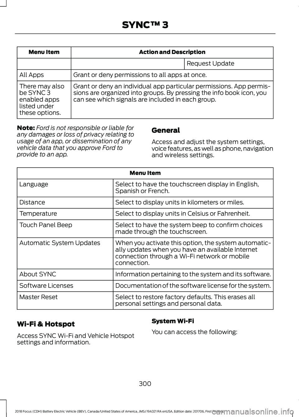 FORD FOCUS ELECTRIC 2018 Owners Manual Action and Description
Menu Item
Request Update
Grant or deny permissions to all apps at once.
All Apps
Grant or deny an individual app particular permissions. App permis-
sions are organized into gro FORD FOCUS ELECTRIC 2018 Owners Manual Action and Description
Menu Item
Request Update
Grant or deny permissions to all apps at once.
All Apps
Grant or deny an individual app particular permissions. App permis-
sions are organized into gro