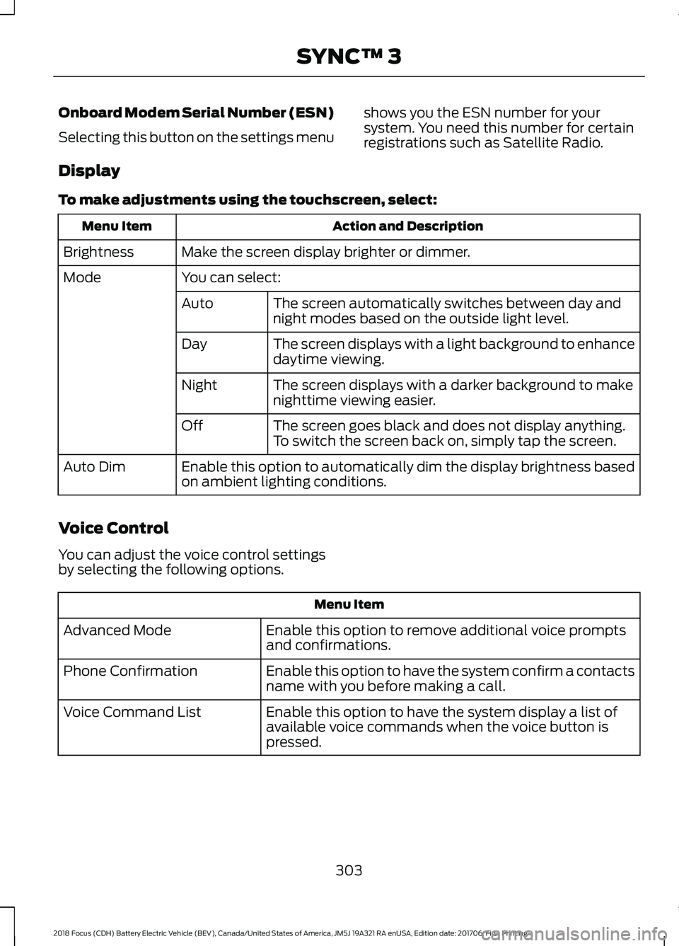 FORD FOCUS ELECTRIC 2018 Owners Manual Onboard Modem Serial Number (ESN)
Selecting this button on the settings menu
shows you the ESN number for your
system. You need this number for certain
registrations such as Satellite Radio.
Display
T FORD FOCUS ELECTRIC 2018 Owners Manual Onboard Modem Serial Number (ESN)
Selecting this button on the settings menu
shows you the ESN number for your
system. You need this number for certain
registrations such as Satellite Radio.
Display
T