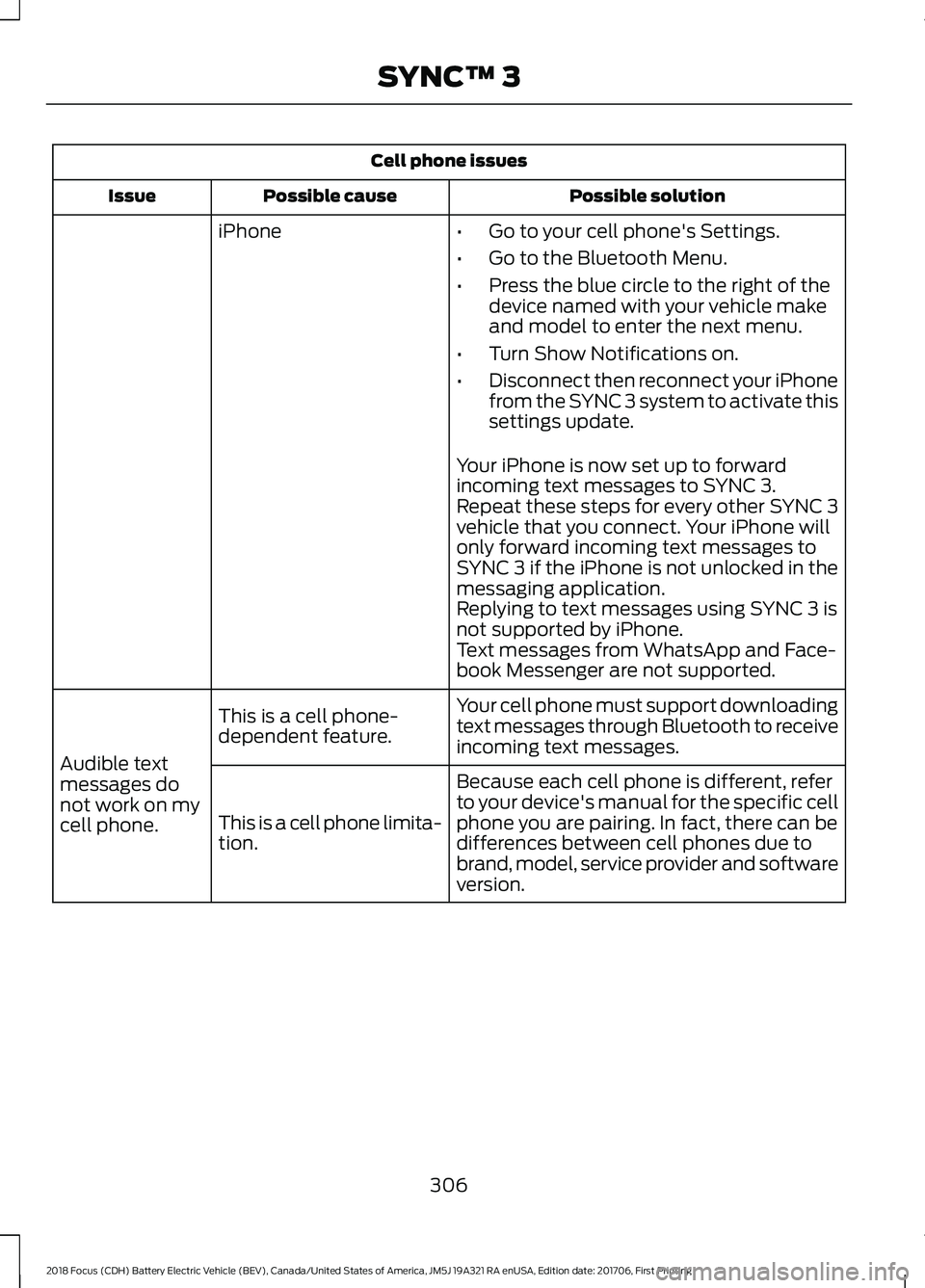 FORD FOCUS ELECTRIC 2018 Owners Manual Cell phone issues
Possible solution
Possible cause
Issue
iPhone •Go to your cell phone's Settings.
• Go to the Bluetooth Menu.
• Press the blue circle to the right of the
device named with y FORD FOCUS ELECTRIC 2018 Owners Manual Cell phone issues
Possible solution
Possible cause
Issue
iPhone •Go to your cell phone's Settings.
• Go to the Bluetooth Menu.
• Press the blue circle to the right of the
device named with y