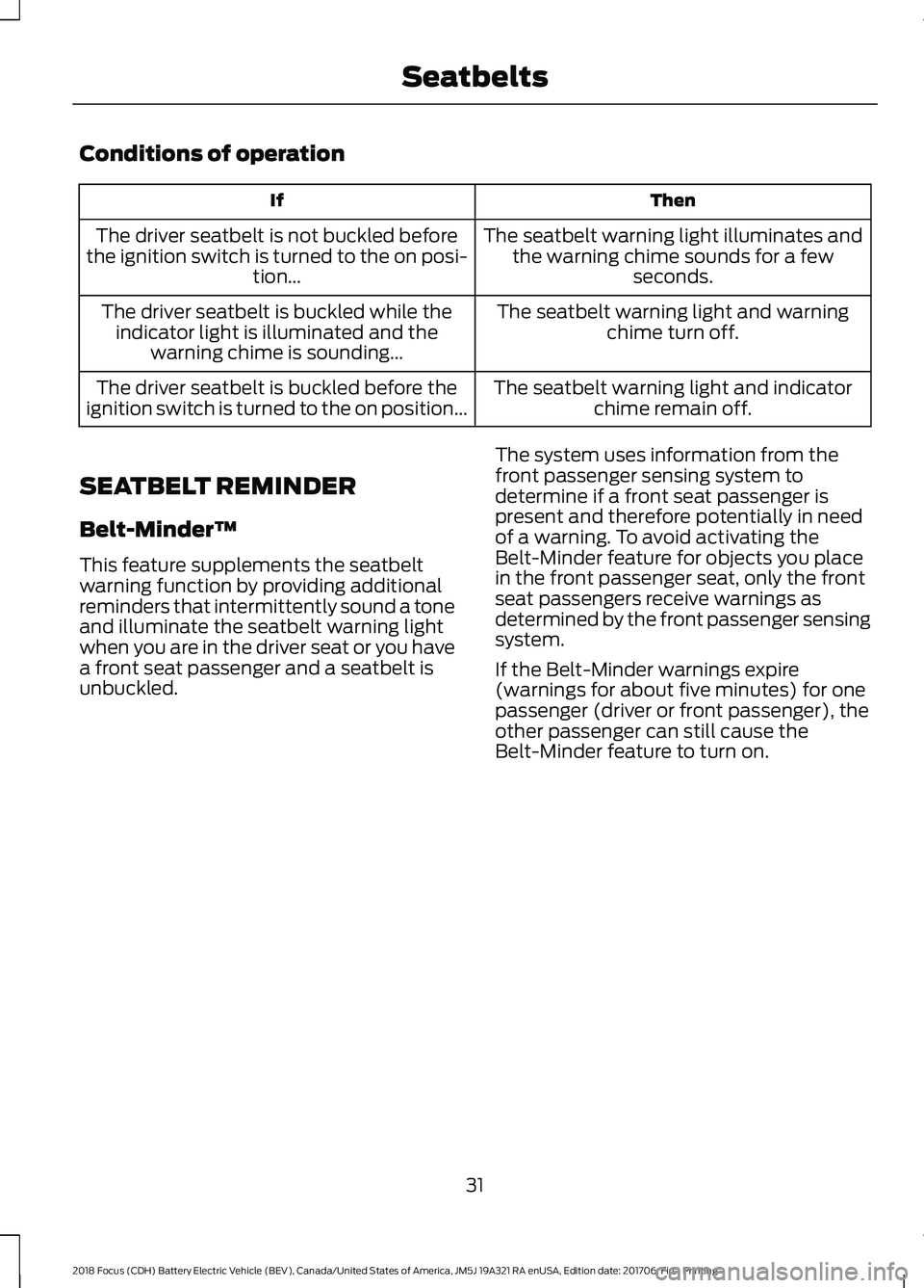 FORD FOCUS ELECTRIC 2018 Owners Manual Conditions of operation
Then
If
The seatbelt warning light illuminates andthe warning chime sounds for a few seconds.
The driver seatbelt is not buckled before
the ignition switch is turned to the on FORD FOCUS ELECTRIC 2018 Owners Manual Conditions of operation
Then
If
The seatbelt warning light illuminates andthe warning chime sounds for a few seconds.
The driver seatbelt is not buckled before
the ignition switch is turned to the on
