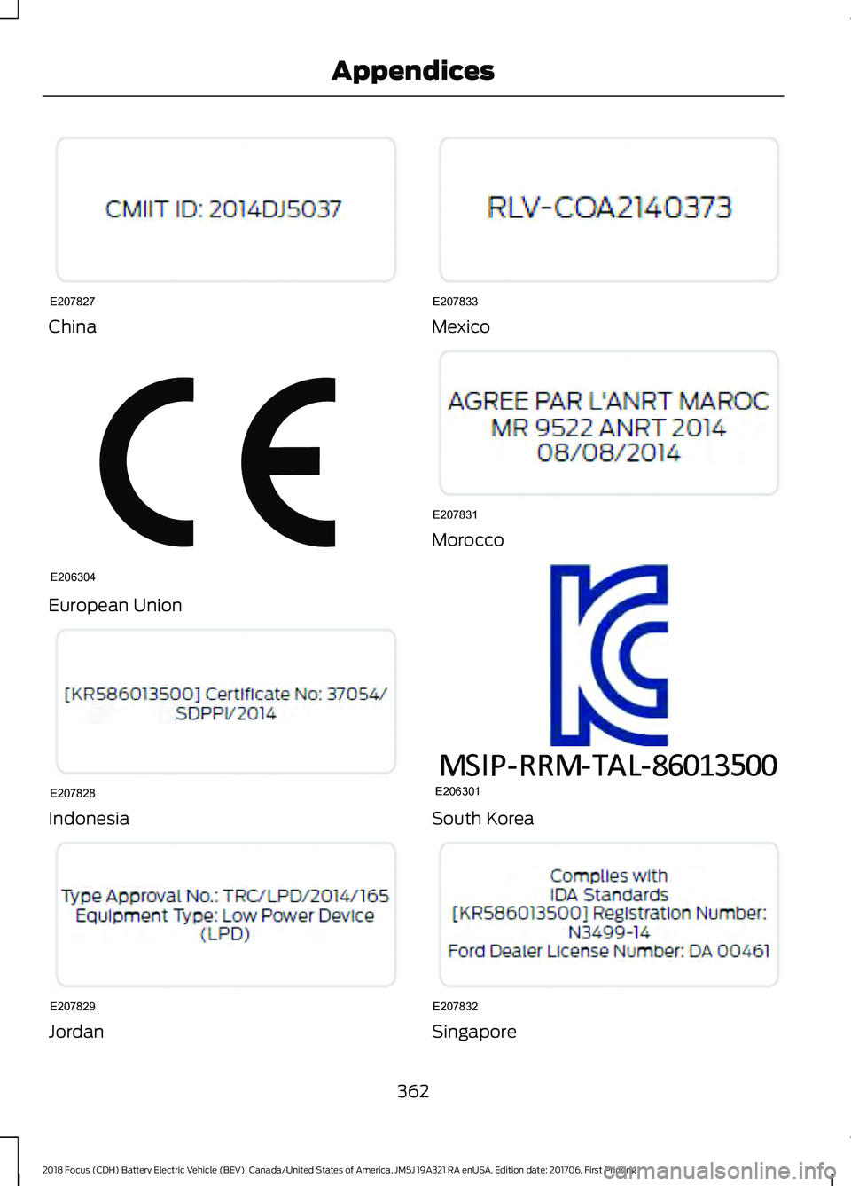 FORD FOCUS ELECTRIC 2018  Owners Manual China
European Union
Indonesia
Jordan Mexico
Morocco
South Korea
Singapore
362
2018 Focus (CDH) Battery Electric Vehicle (BEV), Canada/United States of America, JM5J 19A321 RA enUSA, Edition date: 201
