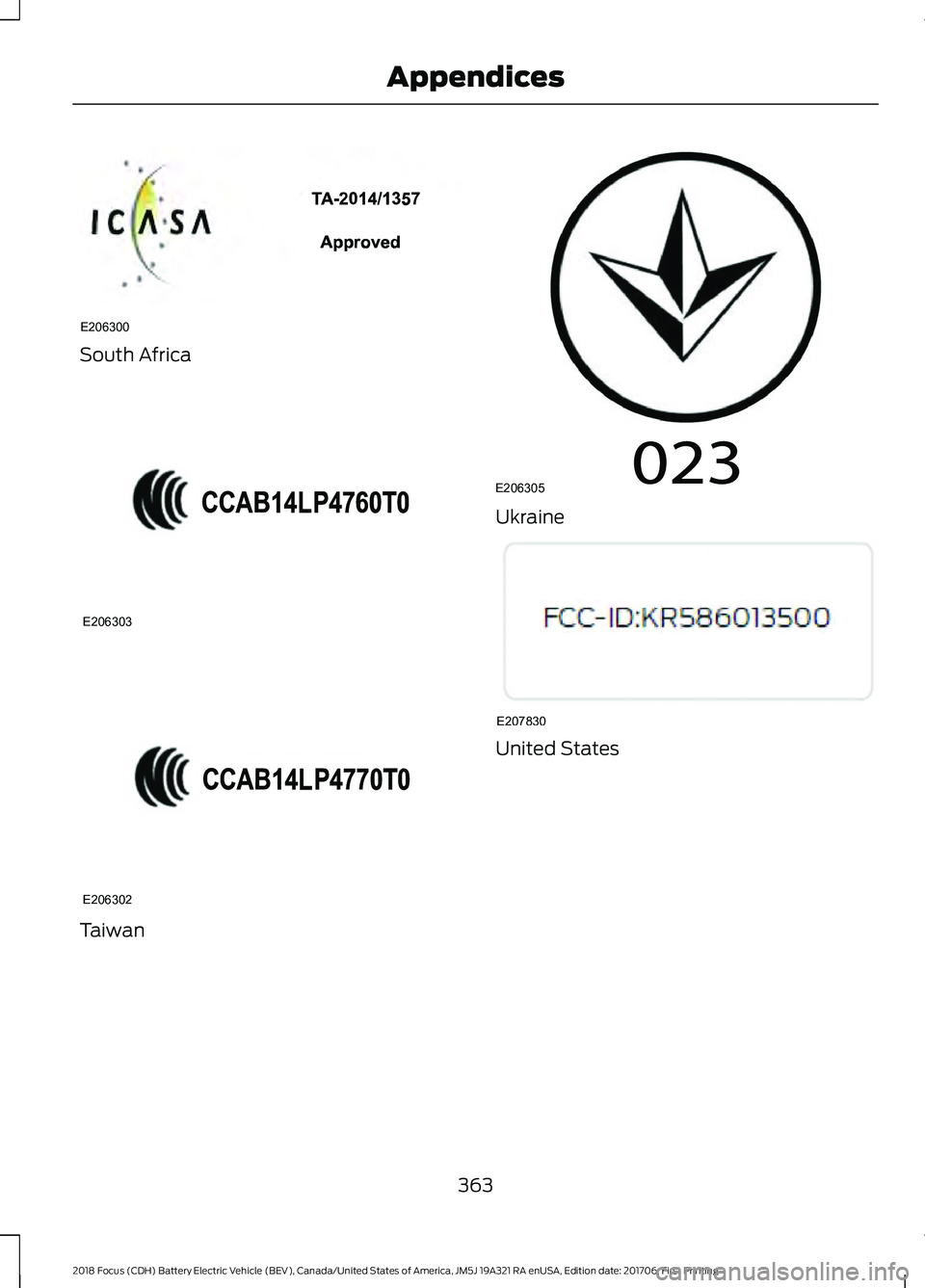 FORD FOCUS ELECTRIC 2018  Owners Manual South Africa
Taiwan Ukraine
United States
363
2018 Focus (CDH) Battery Electric Vehicle (BEV), Canada/United States of America, JM5J 19A321 RA enUSA, Edition date: 201706, First Printing AppendicesE20