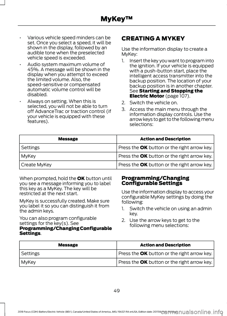 FORD FOCUS ELECTRIC 2018  Owners Manual •
Various vehicle speed minders can be
set. Once you select a speed, it will be
shown in the display, followed by an
audible tone when the preselected
vehicle speed is exceeded.
• Audio system max