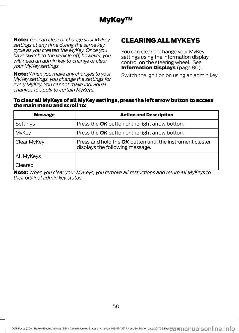 FORD FOCUS ELECTRIC 2018  Owners Manual Note:
You can clear or change your MyKey
settings at any time during the same key
cycle as you created the MyKey. Once you
have switched the vehicle off, however, you
will need an admin key to change 