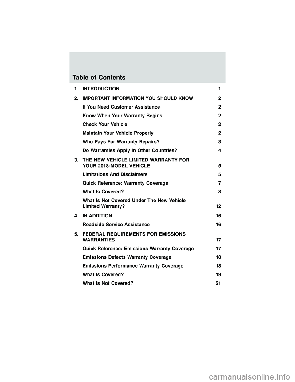 FORD FOCUS ELECTRIC 2018  Warranty Guide Table of Contents
1. INTRODUCTION1
2.
IMPORTANT INFORMATION YOU SHOULD KNOW2
If You Need Customer Assistance 2
Know When Your Warranty Begins 2
Check Your Vehicle 2
Maintain Your Vehicle Properly 2
Wh