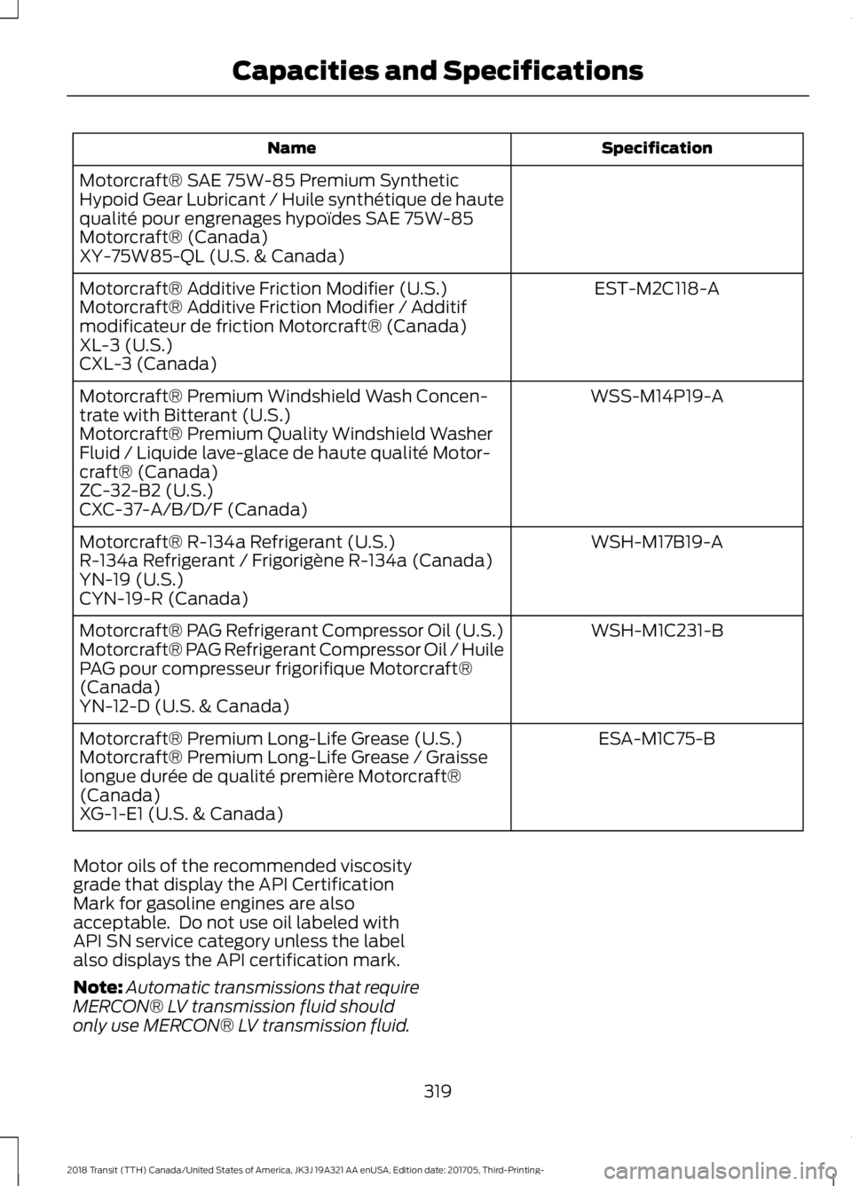 FORD TRANSIT 2018  Owners Manual Specification
Name
Motorcraft® SAE 75W-85 Premium Synthetic
Hypoid Gear Lubricant / Huile synthétique de haute
qualité pour engrenages hypoïdes SAE 75W-85
Motorcraft® (Canada)
XY-75W85-QL (U.S. &