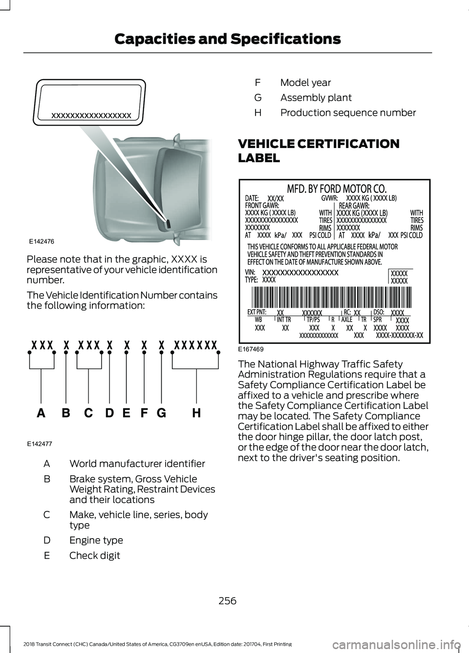 FORD TRANSIT CONNECT 2018  Owners Manual Please note that in the graphic, XXXX is
representative of your vehicle identification
number.
The Vehicle Identification Number contains
the following information:
World manufacturer identifier
A
Bra