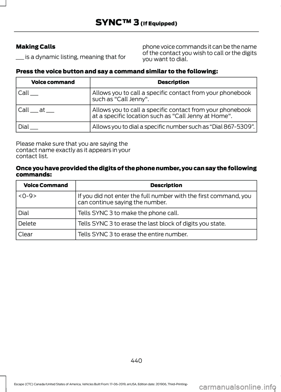 FORD ESCAPE 2020  Owners Manual Making Calls
___ is a dynamic listing, meaning that for
phone voice commands it can be the name
of the contact you wish to call or the digits
you want to dial.
Press the voice button and say a command