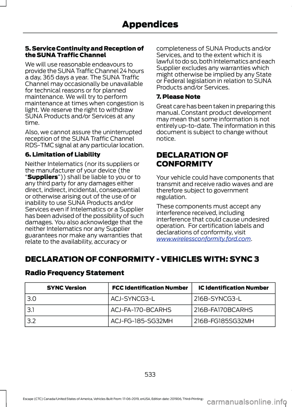 FORD ESCAPE 2020  Owners Manual 5. Service Continuity and Reception of
the SUNA Traffic Channel
We will use reasonable endeavours to
provide the SUNA Traffic Channel 24 hours
a day, 365 days a year. The SUNA Traffic
Channel may occa