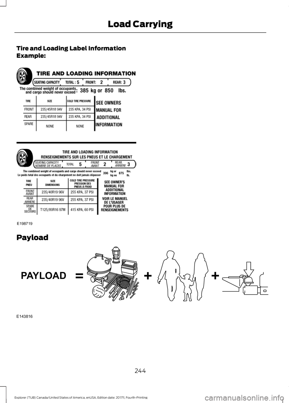 FORD EXPLORER 2018  Owners Manual Tire and Loading Label Information
Example:
Payload
244
Explorer (TUB) Canada/United States of America, enUSA, Edition date: 201711, Fourth-Printing Load CarryingE198719 E143816PAYLOAD  
