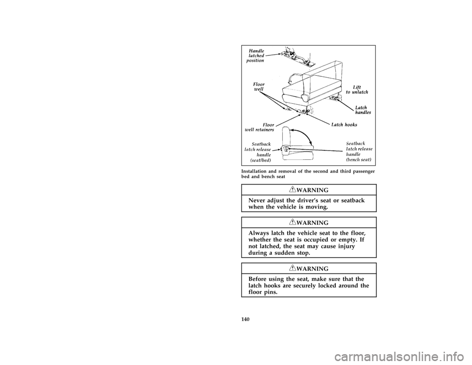 FORD AEROSTAR 1996 1.G Owners Manual 140 [FV36001(ALL)06/95]
half page art:0095041-AInstallation and removal of the second and third passenger
bed and bench seat
*
[FV38301(ALL)05/95]
RWARNING
Never adjust the drivers seat or seatback
w