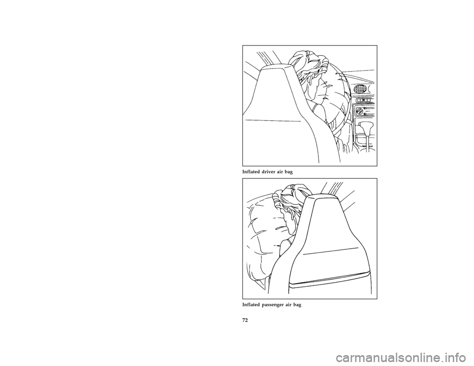 FORD ASPIRE 1997 1.G Owners Manual 72 [SS12380(ALL)05/96]
half page art:0032250-BInflated driver air bag
[SS12390(ALL)05/96]
half page art:0032251-A
Inflated passenger air bag
File:06icssf.ex
Update:Tue Mar  4 08:54:10 1997 