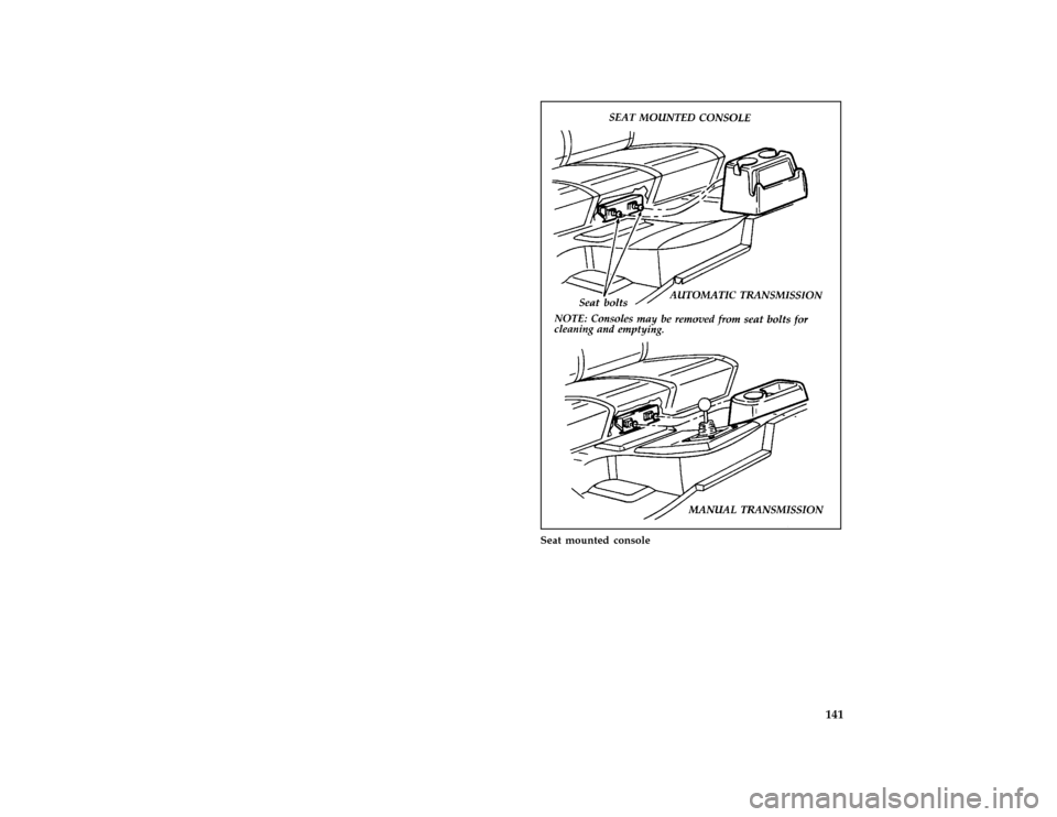 FORD BRONCO 1996 5.G Owners Manual 141
*
[FV60200(B F )12/91]
three fourths page art:0020909-A
Seat mounted console
File:ltfvb.ex
Update:Fri Jun  9 15:28:41 1995 