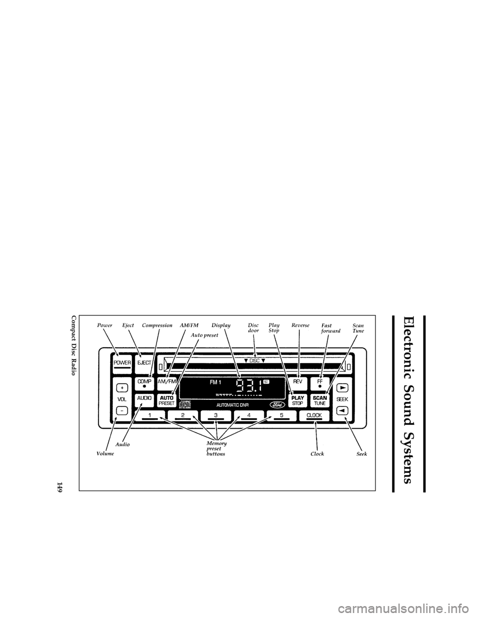 FORD BRONCO 1996 5.G Owners Manual 149
Electronic Sound Systems
*
[AS01100(BEF )04/95]
full page art:0060648-B
Compact Disc Radio
File:ltasb.ex
Update:Fri Jun  9 15:27:22 1995 